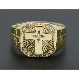 Real Solid 10K Yellow Gold Mens Cross Pink Ring with CZ 5.2 gr Ring ALL Sizes